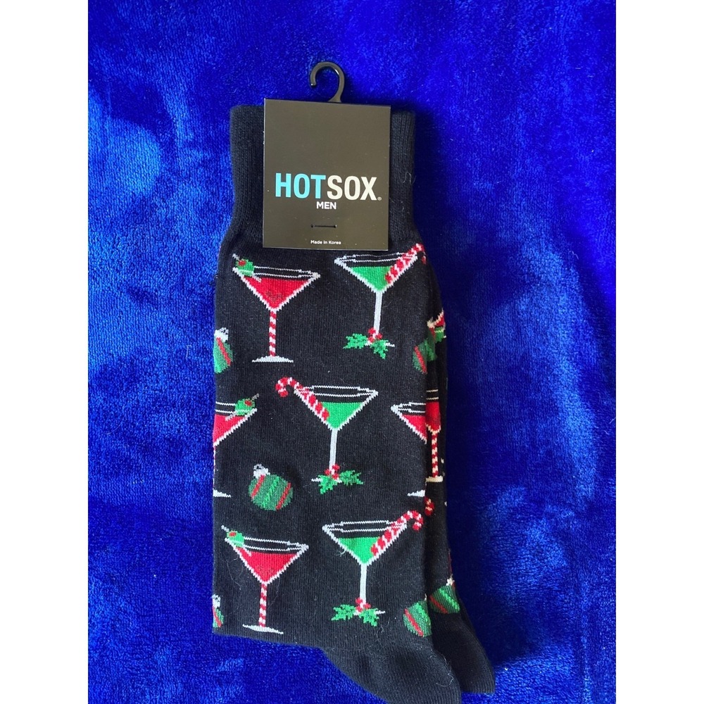 Hot Sox Mens Christmas Cocktail Crew Length Socks Black Martini Holiday Fun